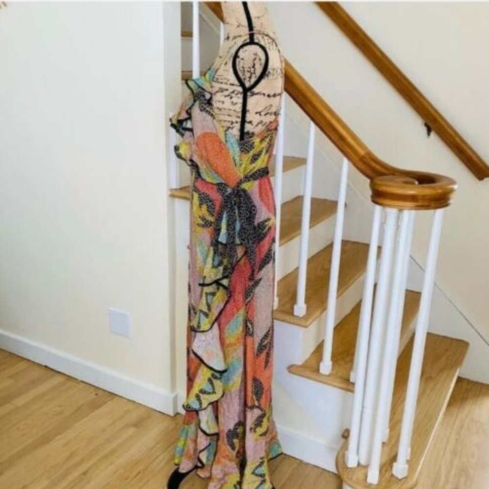 Anthropologie Orange and Green Leaf-Print Midi Dress - Picture 6 of 7
